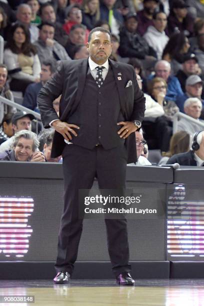 Head coach Ed Cooley of the Providence Friars looks on during a college basketball game against the Butler Bulldogs at Duncan' Donut Center on...