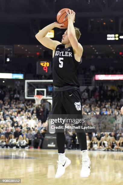 Paul Jorgensen of the Butler Bulldogs takes a jump shot during a college basketball game against the Providence Friars at Duncan' Donut Center on...