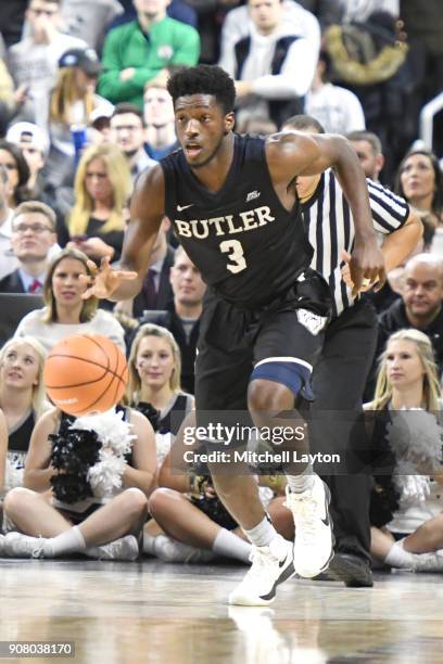 Kamar Baldwin of the Butler Bulldogs dribbles up court during a college basketball game against the Providence Friars at Duncan' Donut Center on...