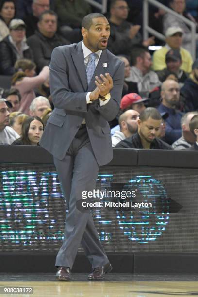 Head coach LaVall Jordan of the Butler Bulldogs looks on during a college basketball game against the Providence Friars at Duncan' Donut Center on...