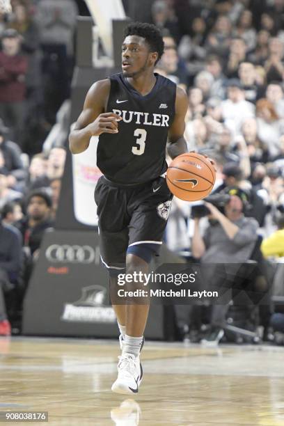 Kamar Baldwin of the Butler Bulldogs dribbles up court during a college basketball game against the Providence Friars at Duncan' Donut Center on...