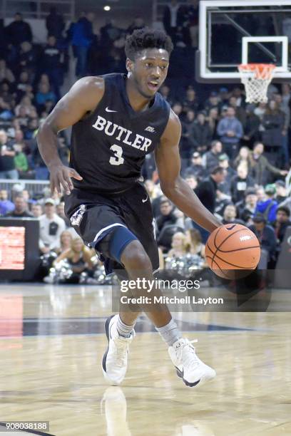 Kamar Baldwin of the Butler Bulldogs dribbles the ball during a college basketball game against the Providence Friars at Duncan' Donut Center on...