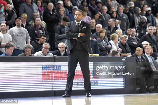 Head coach Ed Cooley of the Providence Friars looks on during a college basketball game against the Butler Bulldogs at Duncan' Donut Center on...