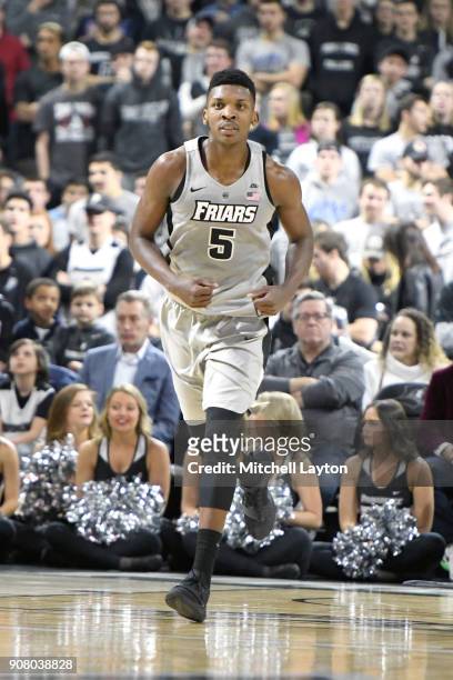 Rodney Bullock of the Providence Friars runs up court during a college basketball game against the Providence Friars at Duncan' Donut Center on...
