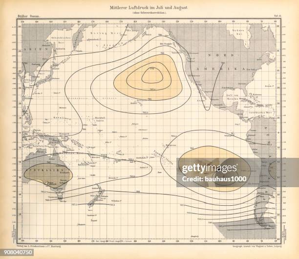 july and august air pressure chart, pacific ocean, german antique victorian engraving, 1896 - depth gauge stock illustrations