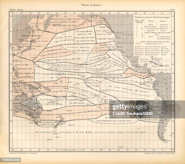 wind areas chart, pacific ocean, german antique victorian engraving, 1896 - depth gauge stock illustrations