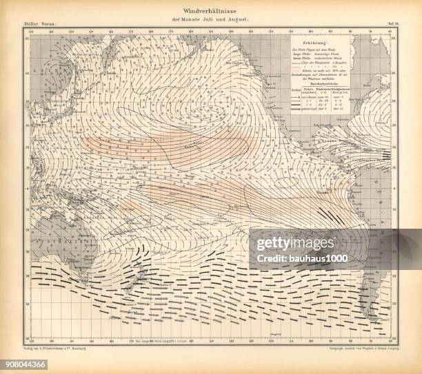 ilustrações, clipart, desenhos animados e ícones de julho e agosto os padrões de vento e condições gráfico, oceano pacífico, alemão antigo gravura vitoriana, 1896 - mare