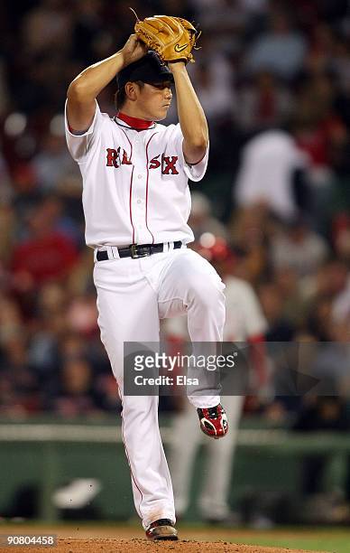 Daisuke Matsuzaka of the Boston Red Sox delivers a pitch in the first inning against the Los Angeles Angels of Anaheim on September 15, 2009 at...