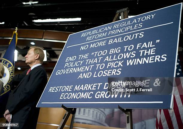 House Financial Services ranking member Spencer Bachus, R-Ala., stands next to a chart during a news conference on "lessons learned one year after...