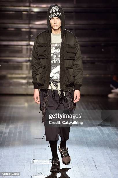 Model walks the runway at the White Mountaineering Autumn Winter 2018 fashion show during Paris Menswear Fashion Week on January 20, 2018 in Paris,...