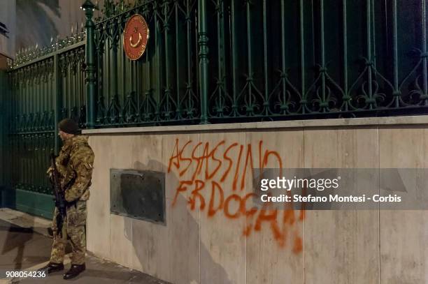 Kurdish community protests in front the Turkish Embassy in Rome against the bombardments of the Turkey's military against the militia of the Kurdish...