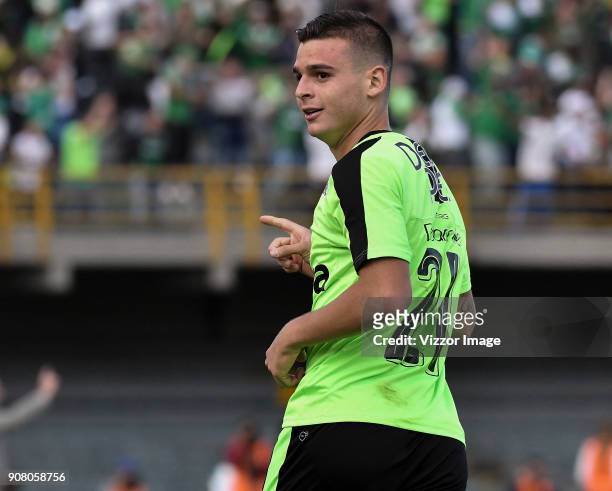 Nicolas Benedetti of Deportivo Cali celebrates after scoring a goal during the friendly match between Independiente Santa Fe and Deportivo Cali as...