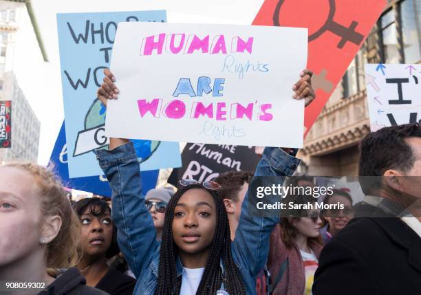 An activist participates in the Women's March Los Angeles 2018 on January 20, 2018 in Los Angeles, California.