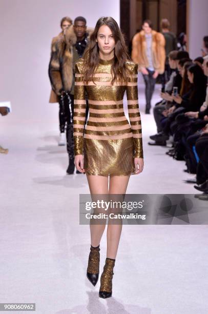 Model walks the runway at the Balmain Homme Autumn Winter 2018 fashion show during Paris Menswear Fashion Week on January 20, 2018 in Paris, France.