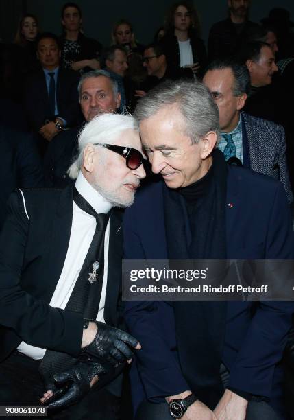 Stylist Karl Lagerfeld and Owner of LVMH Luxury Group Bernard Arnault attend the Dior Homme Menswear Fall/Winter 2018-2019 show as part of Paris...