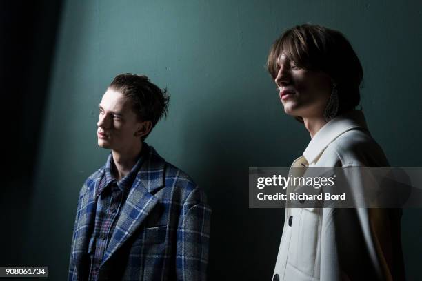 Models pose backstage prior the Wooyoungmi Menswear Fall/Winter 2018-2019 show as part of Paris Fashion Week on January 20, 2018 in Paris, France.