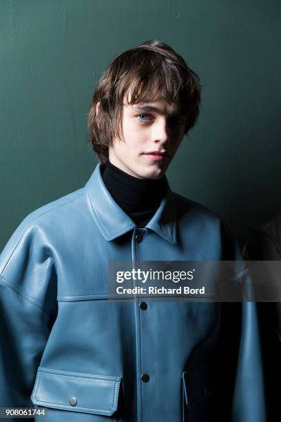 Model poses backstage prior the Wooyoungmi Menswear Fall/Winter 2018-2019 show as part of Paris Fashion Week on January 20, 2018 in Paris, France.