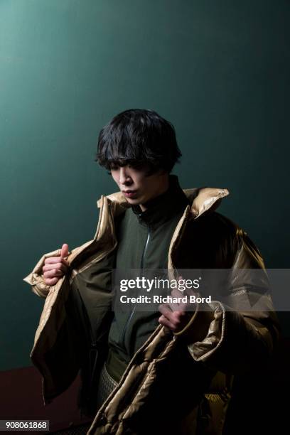 Model poses backstage prior the Wooyoungmi Menswear Fall/Winter 2018-2019 show as part of Paris Fashion Week on January 20, 2018 in Paris, France.