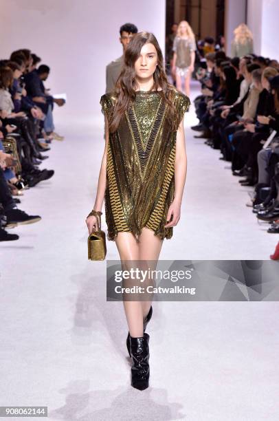 Model walks the runway at the Balmain Homme Autumn Winter 2018 fashion show during Paris Menswear Fashion Week on January 20, 2018 in Paris, France.