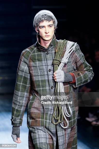 Model walks the runway during the White Mountaineering Menswear Fall/Winter 2018-2019 show as part of Paris Fashion Week on January 20, 2018 in...