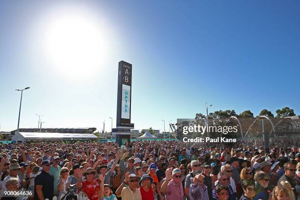 Crowds gather waiting for the official opening at Optus Stadium on January 21, 2018 in Perth, Australia. The 60,000 seat multi-purpose Stadium...