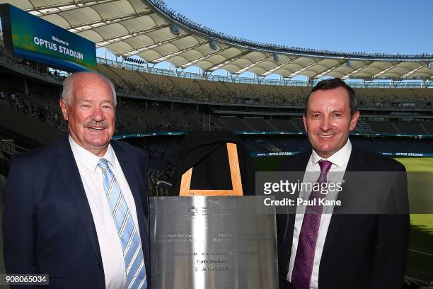 Mick Murray and Mark McGowan pose with the opening plaque at Optus Stadium on January 21, 2018 in Perth, Australia. The 60,000 seat multi-purpose...