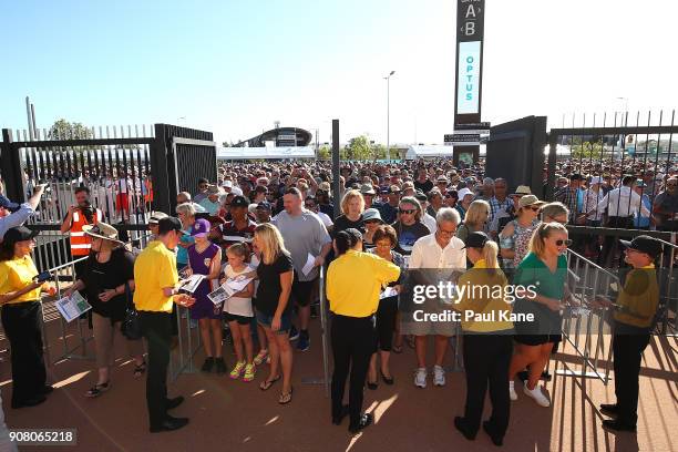The gates are open as the first visitors get their tickets scanned at Optus Stadium on January 21, 2018 in Perth, Australia. The 60,000 seat...