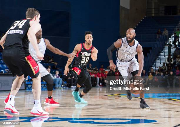 Tyshawn Abbott of the Delaware 87ers drives to the basket against the Erie BayHawks during an NBA G-League game on January 20, 2018 at the Bob...