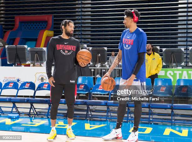 Christian Wood of the Deleware 87ers and DeAndre'-Bembry of the Delaware 87ers talk before the Erie BayHawks v the Delaware 87ers NBA G-League game...