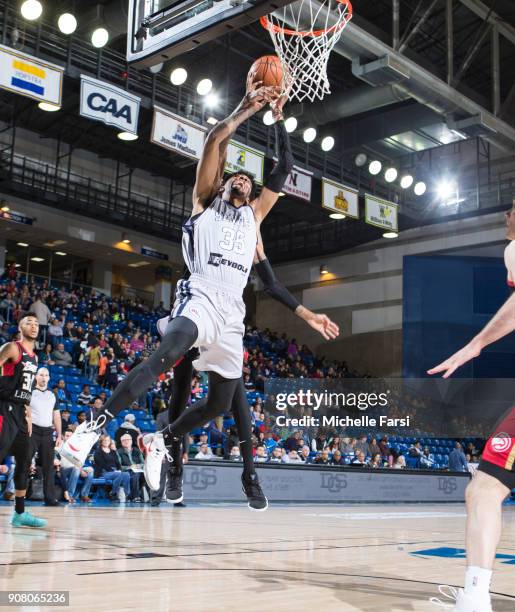 Christian Wood of the Delaware 87ers shoots against the Erie BayHawks during an NBA G-League game on January 20, 2018 at the Bob Carpenter Center -...