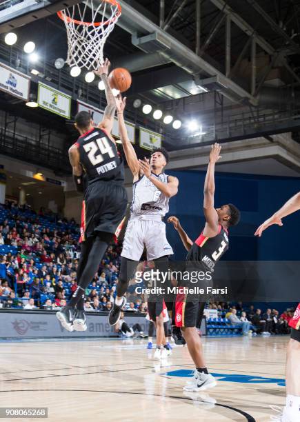 Devin Robinson of the Delaware 87ers shoots against the Erie BayHawks during an NBA G-League game on January 20, 2018 at the Bob Carpenter Center -...