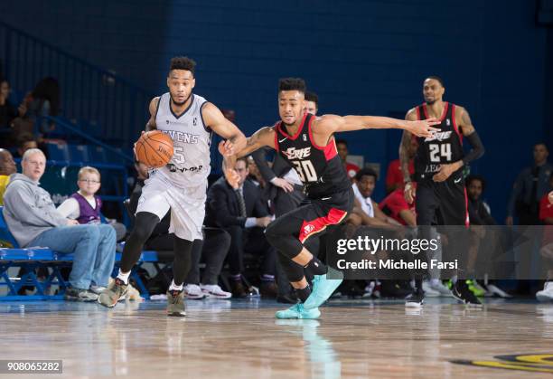 Darin Johnson of the Delaware 87ers handles the ball against the Erie BayHawks during an NBA G-League game on January 20, 2018 at the Bob Carpenter...