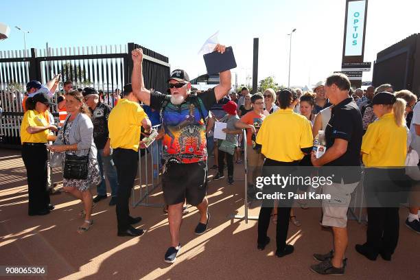 Man shows his delight after entering Optus Stadium on January 21, 2018 in Perth, Australia. The 60,000 seat multi-purpose Stadium features the...