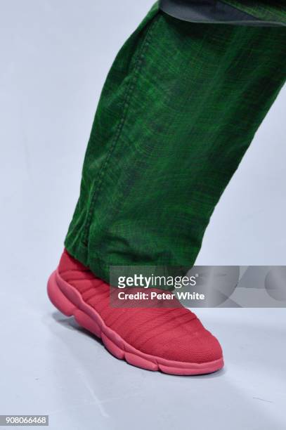 Model, shoe detail, walks the runway during the Issey Miyake Men Menswear Fall/Winter 2018-2019 show as part of Paris Fashion Week on January 18,...
