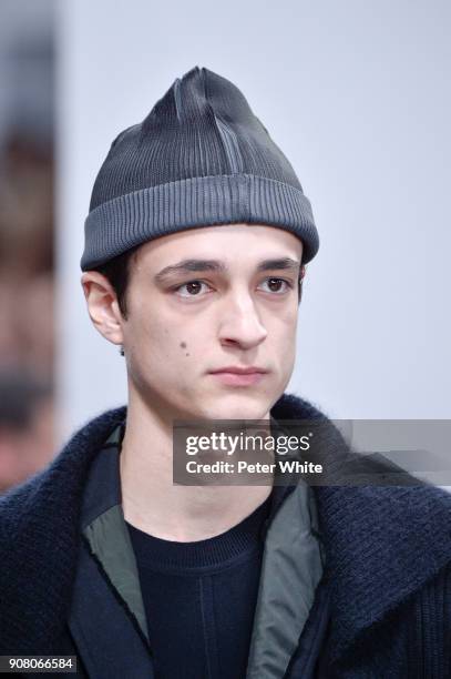 Model, hat detail, walks the runway during the Issey Miyake Men Menswear Fall/Winter 2018-2019 show as part of Paris Fashion Week on January 18, 2018...