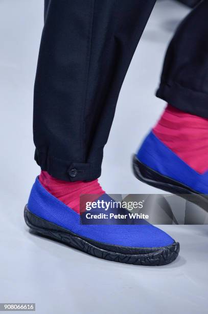 Model, shoe detail, walks the runway during the Issey Miyake Men Menswear Fall/Winter 2018-2019 show as part of Paris Fashion Week on January 18,...