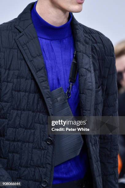 Model, bag detail, walks the runway during the Issey Miyake Men Menswear Fall/Winter 2018-2019 show as part of Paris Fashion Week on January 18, 2018...