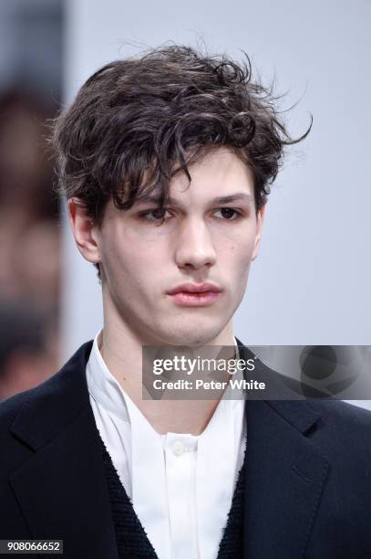 Model walks the runway during the Issey Miyake Men Menswear Fall/Winter 2018-2019 show as part of Paris Fashion Week on January 18, 2018 in Paris,...