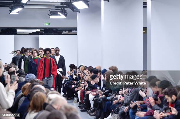 Models walk the runway during the Issey Miyake Men Menswear Fall/Winter 2018-2019 show as part of Paris Fashion Week on January 18, 2018 in Paris,...