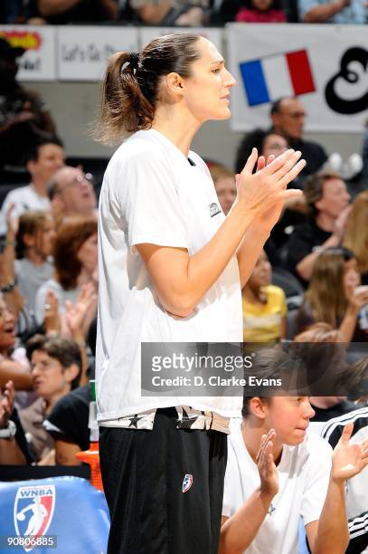 Ruth Riley of the San Antonio Silver Stars claps during the WNBA game against the Los Angeles Sparks on September 5, 2009 at the AT&T Center in San...