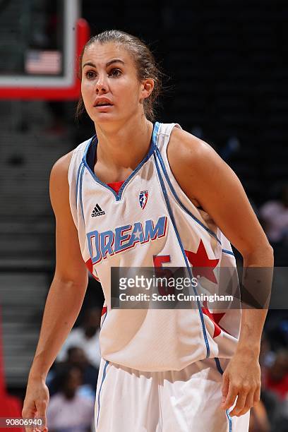 Shalee Lehning of the Atlanta Dream stands on the court during the game against the Sacramento Monarchs at Philips Arena on August 25, 2009 in...