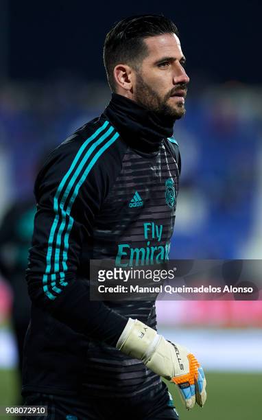 Kiko Casilla of Real Madrid CF warm up during the Copa del Rey quarter final first leg match between Real Madrid CF and Club Deportivo Leganes at...