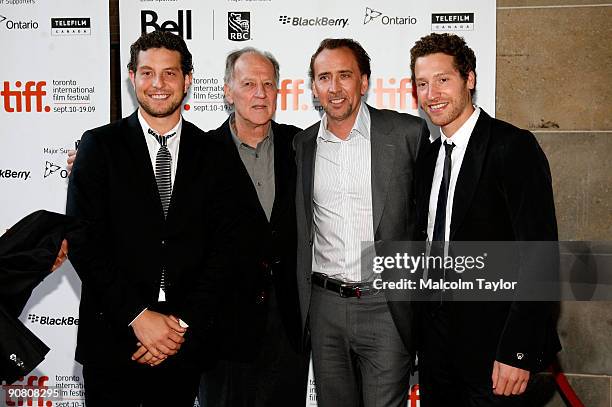 Producer Alan Polsky, Director Werner Herzog, actor Nicolas Cage and producer Gabe Polsky arrive at the "Bad Lieutenant: Port Of Call New Orleans"...