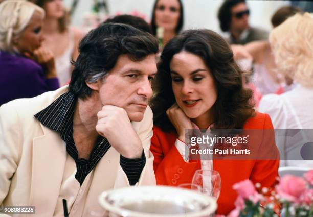 Playboy impresario Hugh Hefner with his daughter, Christie Hefner, at the 'Playmate of the Year' luncheon, May 4, 1982 at the Playboy Mansion West,...