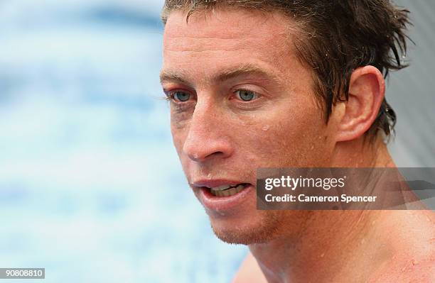 Kurt Gidley of the Kangaroos recovers in the pool during an Australian Kangaroos training session at the Sydney Football Stadium on September 16,...