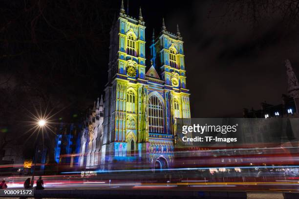 The Light of the Spirit Chapter 2' by Patrice Warrener is projected onto Westminster Abbey, illuminating the West Front of the Abbey"u2019s...