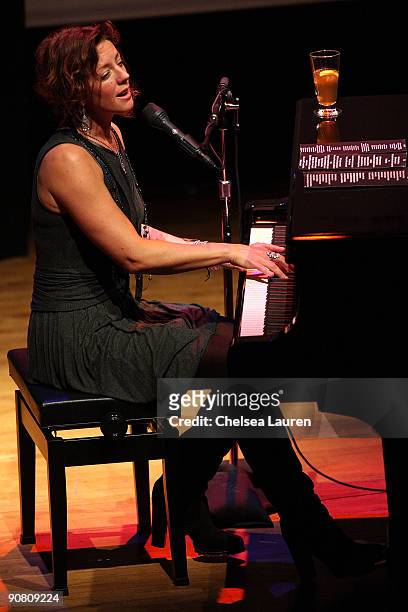 Musician Sarah Mclaughlan on stage during Cinema Against AIDS Toronto, to benefit amfAR and Dignitas event held at The Carlu on September 15, 2009 in...