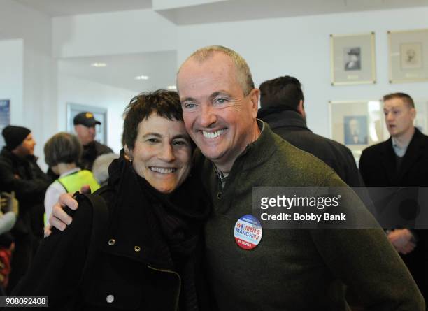 Governor Phil Murphy and Liz Abzug daughter of Bella Abzug attend the 2nd Annual Women's March On New Jersey on January 20, 2018 in Morristown, New...