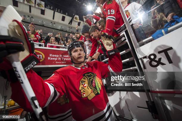 Gustav Forsling of the Chicago Blackhawks walks out to the ice prior to the game against the New York Islanders at the United Center on January 20,...