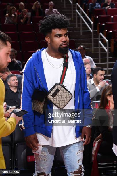 Ezekiel Elliott attends the game between the Golden State Warriors and the Houston Rockets on January 20, 2018 at the Toyota Center in Houston,...
